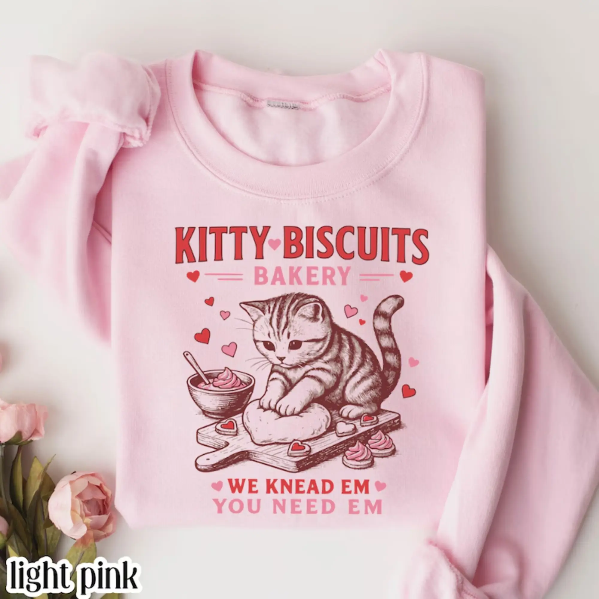 Kitty Biscuits Bakery Cat Crewneck Sweatshirt - Funny Baking Quote We Knead Em You Need Em, Unisex Gildan 18000 Classic Fit
