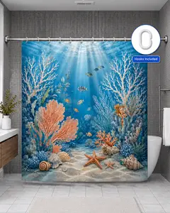 Coastal Shower Curtain with Hooks, Ocean & Beach Bathroom Decor, Sea Turtle, Coral Reef, Seashell, Pink Pearl, Blue Toile & Retro Sunset Fabric Bath Curtain
