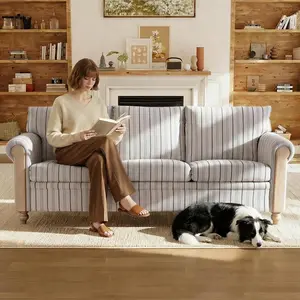 3 Seater Sofa Couch with Deep Seats Midcentury 3-Seater Lounge Chair, Upholstered Sofa with Rolled Arms, Blue Striped Fabric Comfy Couch Vintage, Couches for Living Room Apartment