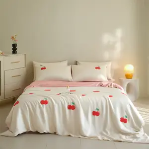 3pcs Plant Embroidery Cherry Bedding Set, Includes 1 Fitted Sheet and 2 Pillowcases, Soft Breathable Fabric