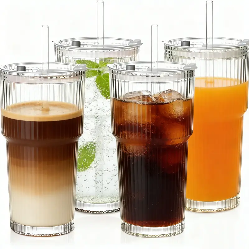 Stylish 2-Pack Lead-Free Ribbed Vertical Stripes Glass Cup Set, 18oz (540ml) Stackable Kitchen Drinkware with Lids and Straws, BPA-Free for Coffee, Beverage