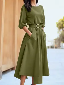 Women's Casual Minimalist Solid Color Dress, Round Neck Side Pocket Belted X-Type Three-Quarter Sleeve Midi Design, Fit, Perfect for Daily Commuting, Womenswear
