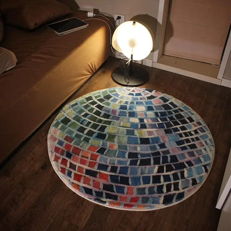 Bedroom Rugs, 1 Count Creative Color Block Design Non-slip Round Carpet, Shaggy Soft Floor Mat, Rugs Living Room Home Decor, Cozy Bedroom Accessories,