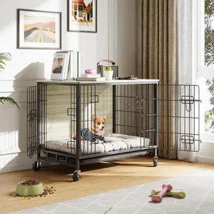 【GARVEE】38.6" Dog Crate Furniture, Pet Crate for Large Dogs, Chew Kennel With Wheels & Dual Doors, Grey & Black