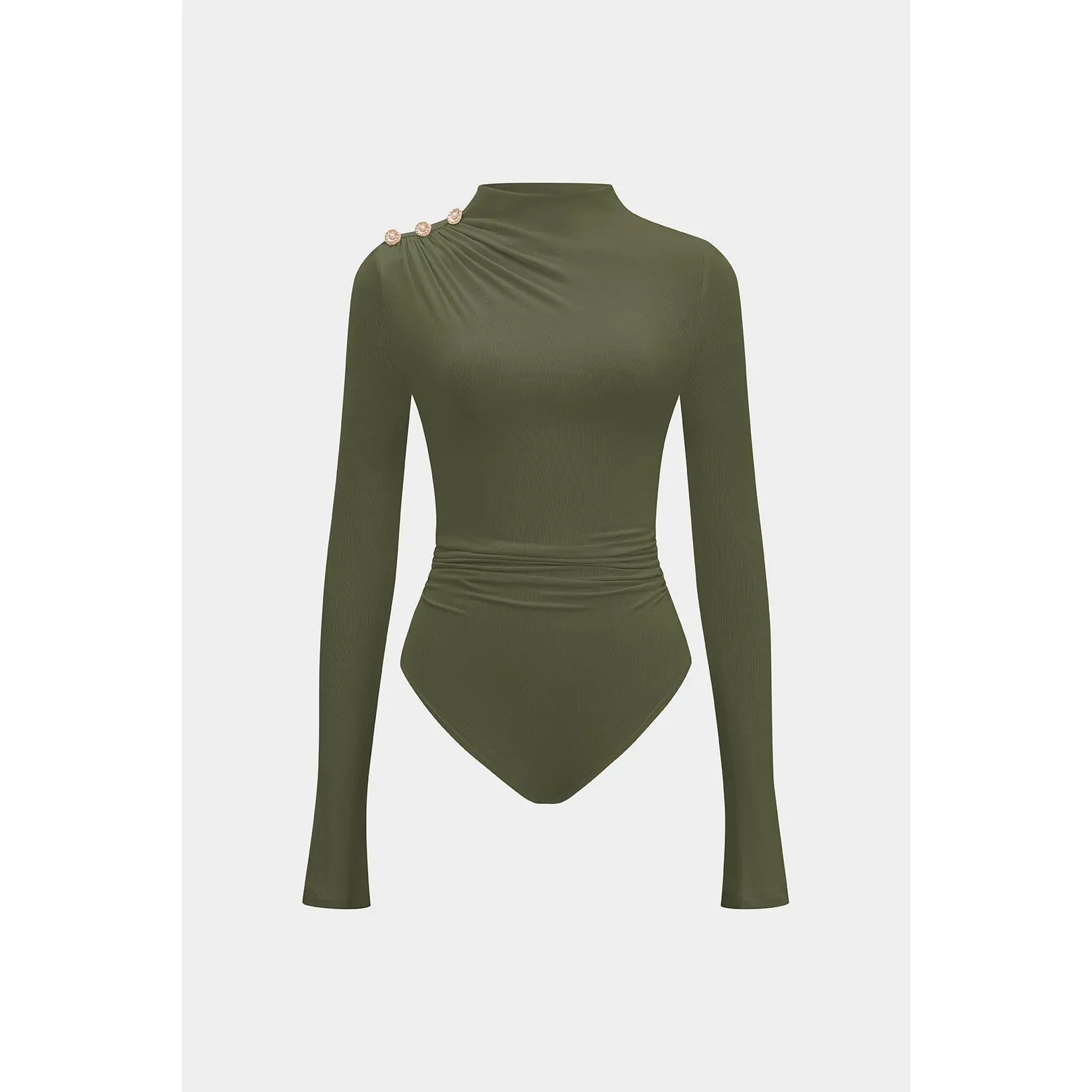 Women's Jersey Slim-Fit Asymmetrical Button Ruched Longsleeve Bodysuit
