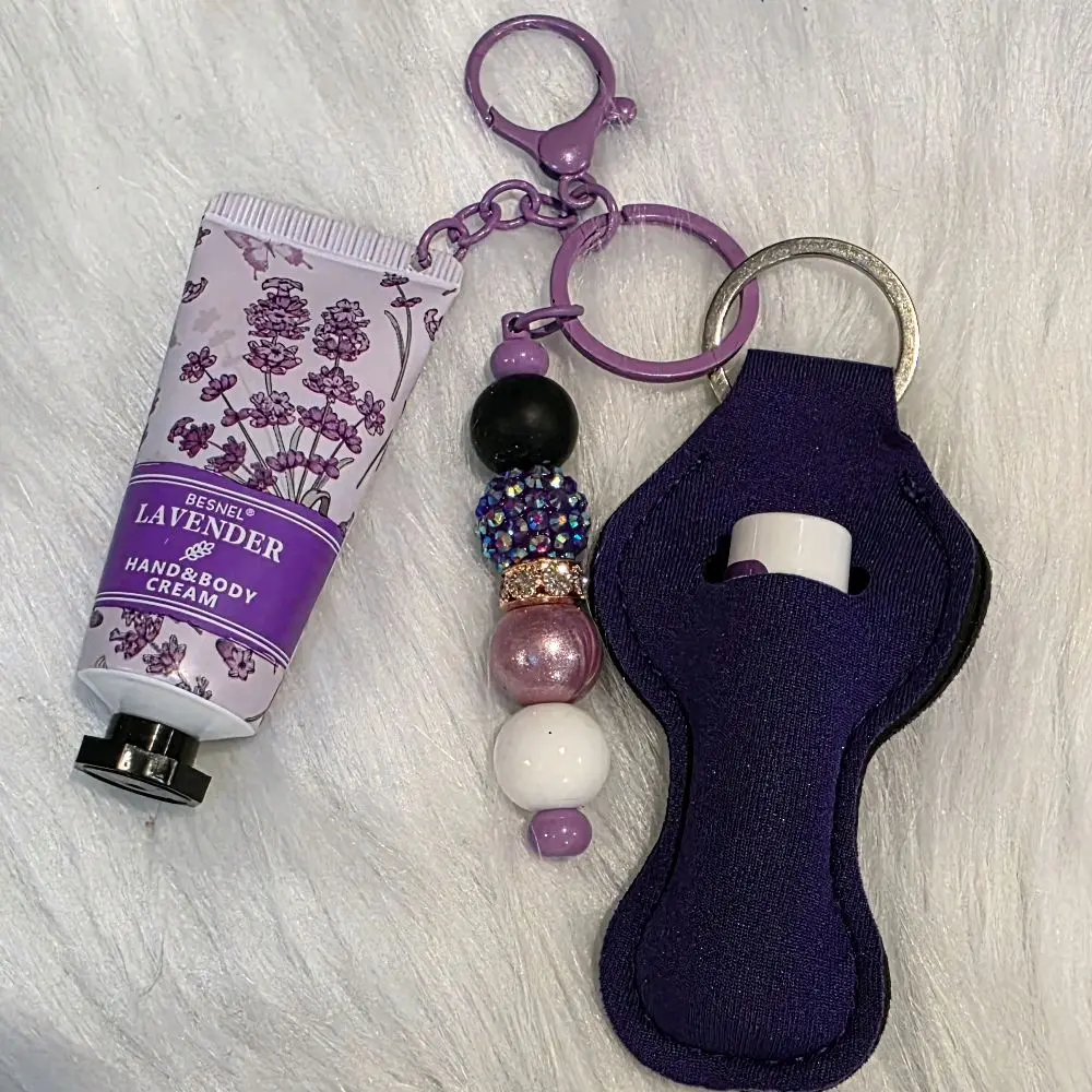 Custom Purple Keychain with Included Lip Balm and Lotion
