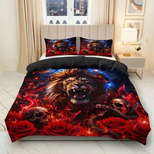 3PCS Duvet Cover Set, 1 Duvet+2 Pillowcases(Without filler), Lion Skull Snake Rose Fire theme, Halloween bedding set, Animal Print Suitable for decoration bedroom living room  lounge.