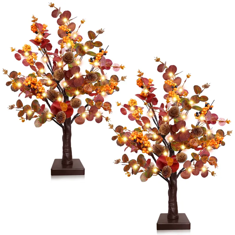 TURNMEON 2-Piece 18-Inches Decorative LED Tree Set, Prelit Timer Fall Tabletop Trees with 48 Warm LED Lights, 288 Eucalyptus Plants, 12 Acorn Ornaments, 3 AA Battery-Operated for Desk, Bedroom, Thanksgiving Home Decor