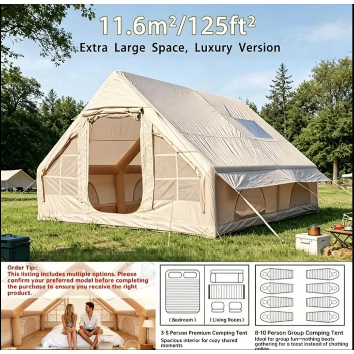 Inflatable Camping Tent 11.6m²/125ft² Extra Large Luxury Version for 4-6 Person 4 Season Portable Glamping House with Manual Pump Easy Setup Windproof Outdoor Shelter