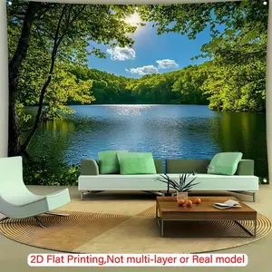 1pc Mountain River Landscape Backdrop - Realistic Forest & Lake Scene with Sunlit Trees, Durable Polyester Fabric for Weddings, Birthdays, Anniversaries, Christmas, Halloween, Easter, Thanksgiving - Versatile Decorative Background for Living Room, Bedroom