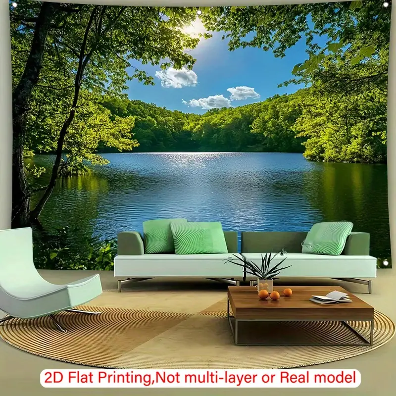 1pc Durable Polyester Mountain River Landscape Banner - Realistic Forest, Lake & Sunlit Trees Backdrop, Versatile Home Decor Tapestry for Weddings, Birthdays, Living Room, Bedroom