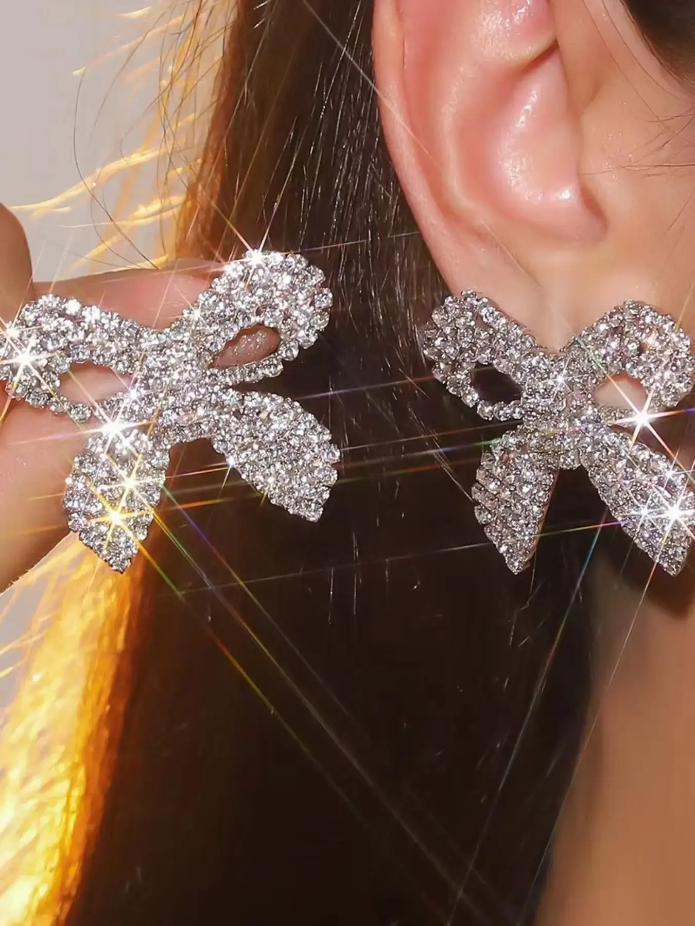 Rhinestone Decorated Bow Design Earrings, Fashionable Earrings for Women, Elegant All-match Fashion Accessories for Daily Wear, Fashionable Jewelry Accessories