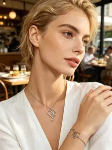 2 Piece Faith Heart Necklace Bracelet Set, Elegant Stainless Steel Silver Color, Unisex Daily Wear, Beach Music Festival Accessory