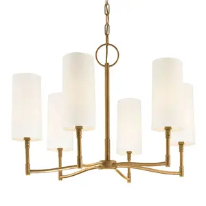 Dillon 6-Light Chandelier with Off-White Linen Shades in Aged Brass or Old Bronze Finish