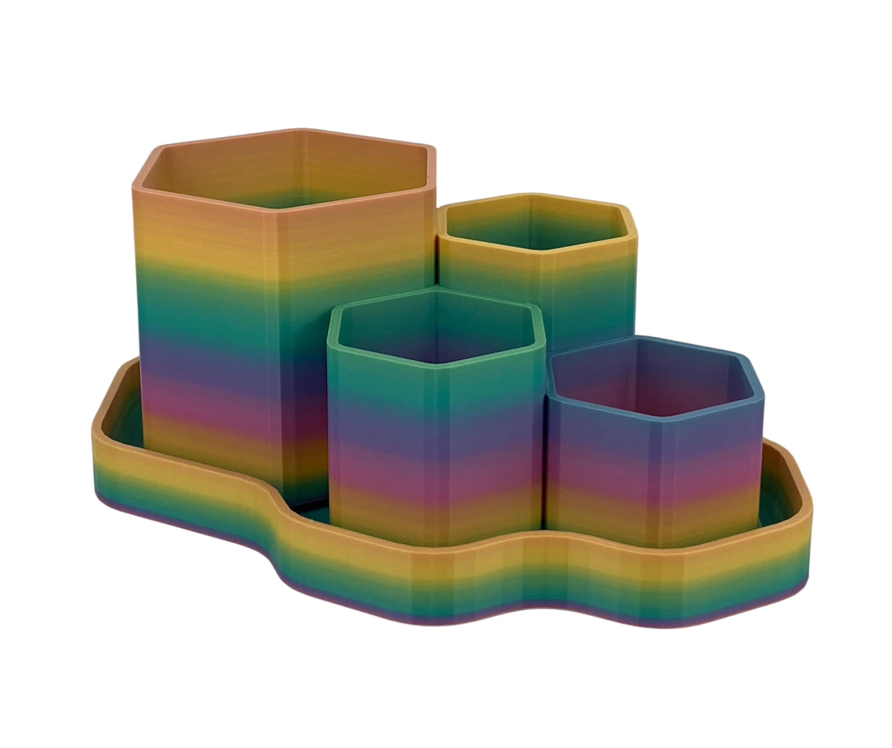 QuadraHex Planter: 4-Chamber 3D Printed Succulent Pot with Tray in Rainbow