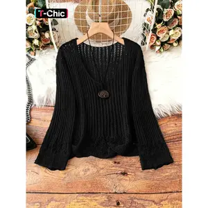 Women’s V-neck hollow knit sweater top, loose casual pullover in solid color, semi-transparent design, comfortable for everyday wear, BEAUTIFULGARMENTARY