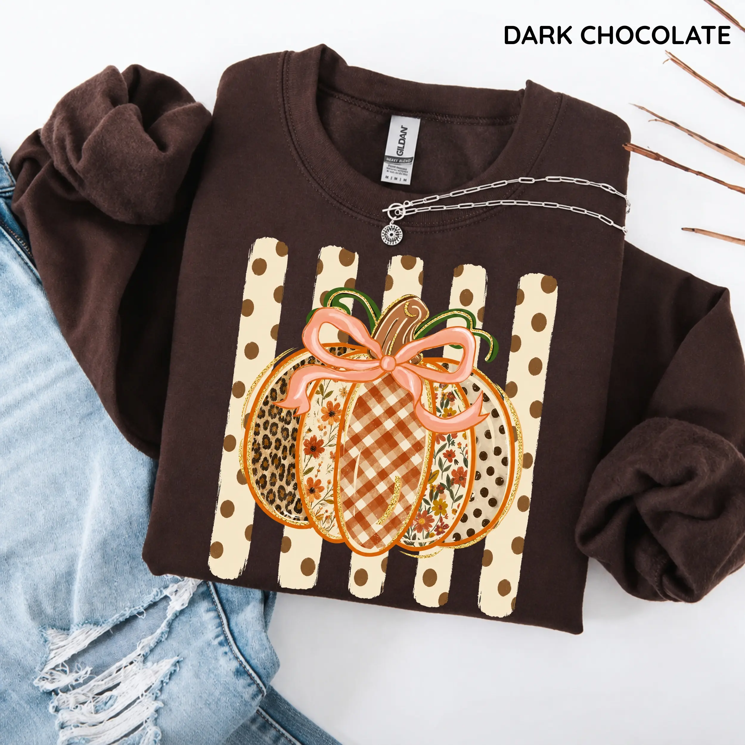 [NO GLITTER] Preppy Fall Pumpkin Gildan Sweatshirt, Coquette Floral Autumn Sweatshirt, Gingham Leopard Pattern, Thanksgiving Pumpkin Spice Sweatshirt Gift for Women