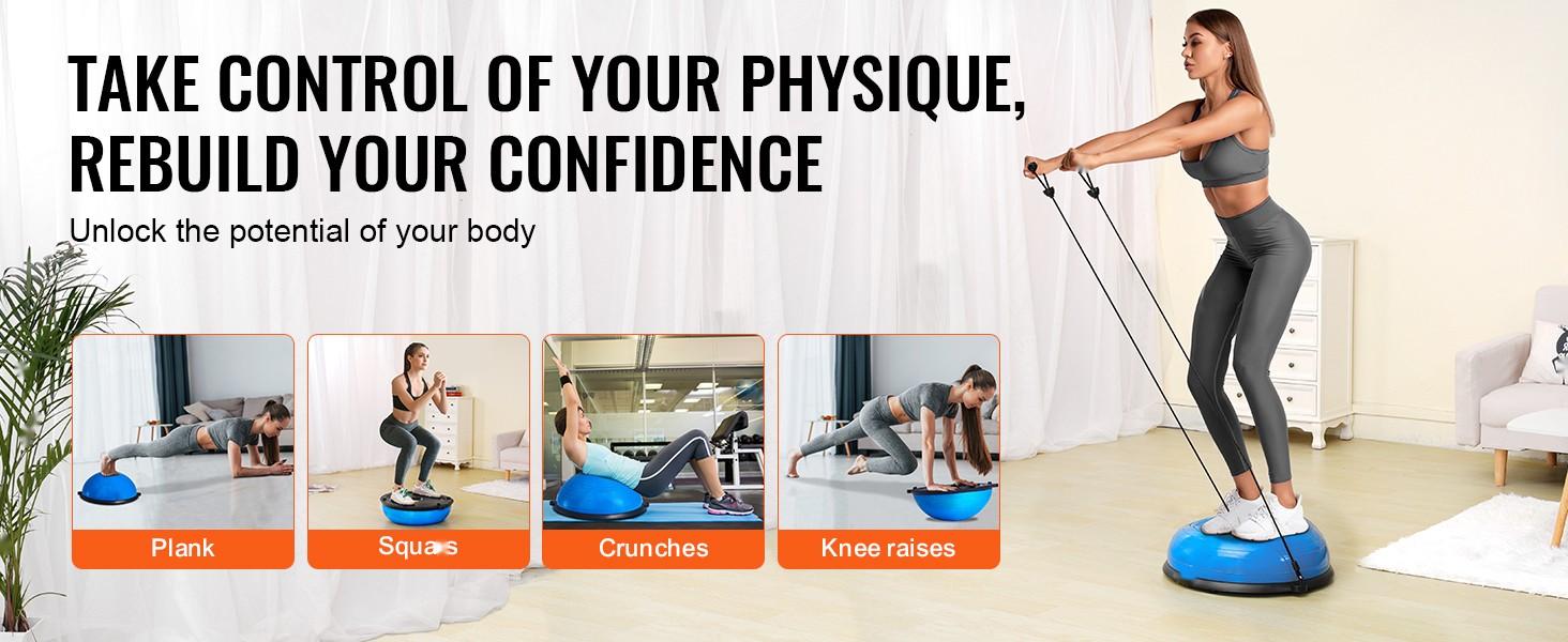 Half Exercise Ball Trainer, 23-Inch Balance Ball, 660-Pound Capacity Stability Gym Ball, Yoga Ball With Resistance Bands And Foot Pump, Full Body Workout And Strength Training Ball For Home Gym, Blue