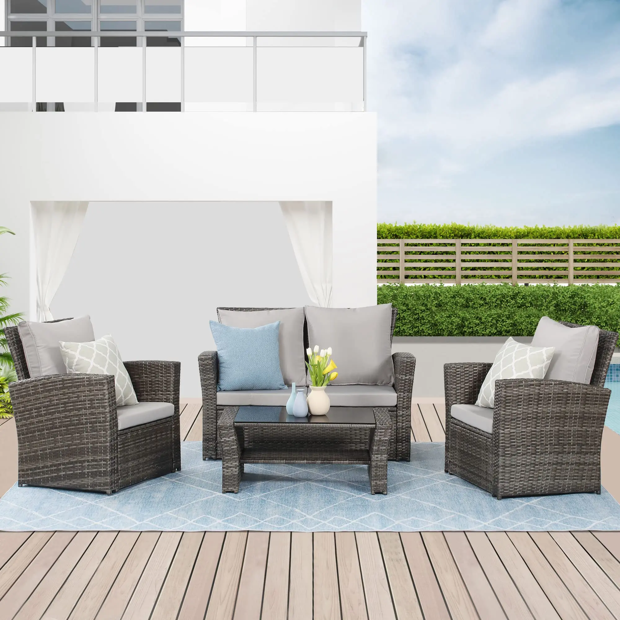 RoyalCraft L 4-Piece Modern Wicker Patio Set with Splashproof Cushions, Outdoor Seating Solutions for Porch Styling & Deck Rattan Sofa Chairs, Modern Patio Set, Sectional Couch