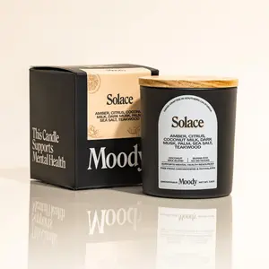 Moody Haus Scented Candle: Solace - Amber Citrus Coconut Milk Dark Musk Palm Sea Salt Teakwood - Eco-Friendly Hand-Poured Glass Vessel - 7.3oz Wax Blend - 40-50 Hours Burn Time - Supports Mental Health Resources