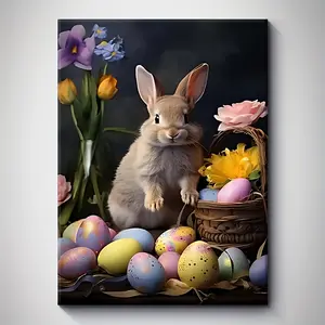 1pc Easter Bunny & Eggs Canvas Art with Solid Wood Frame – Charming Spring-Themed Wall Decor for Living Room, Bedroom, or Office, Wrapped Canvas Painting for Indoor Use, Seasonal Home Decor| Classic Style Art| Detailed Illustration
