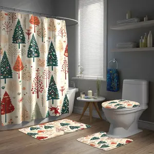 Christmas Tree Gift Gingerbread Man Print Shower Curtain Set, Includes Hooks, Bath Mat, U-Shaped Rug, Toilet Seat Cover, Home Bathroom Decor