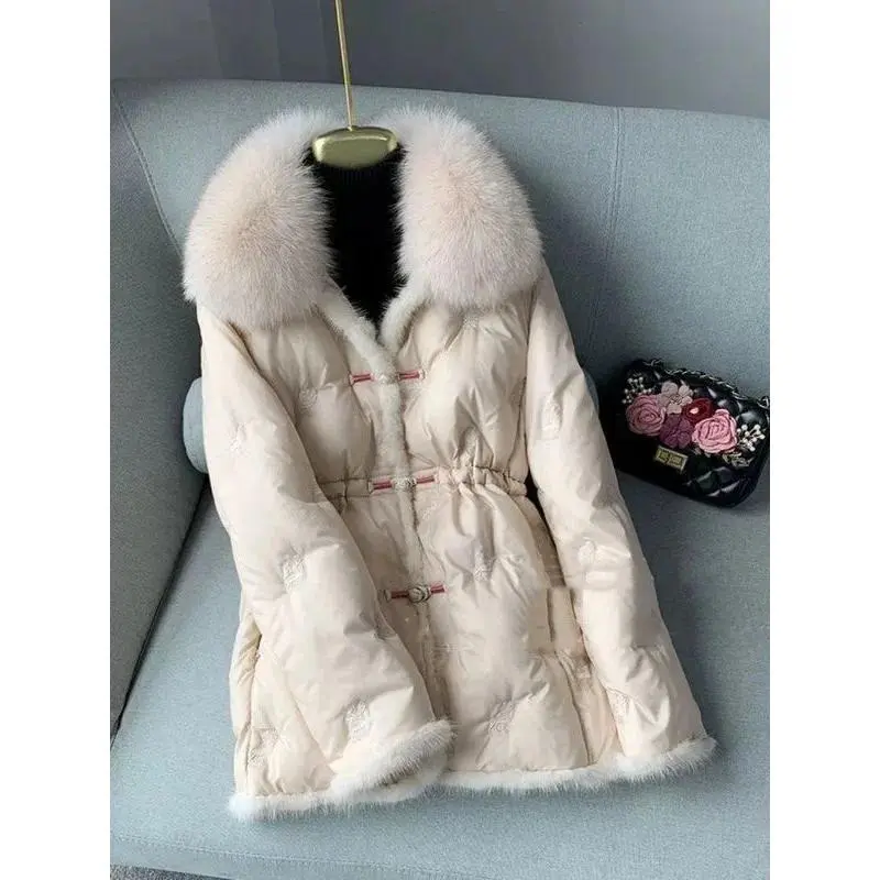Women's 2025 Winter Casual Chinese-Style Mid-Length Down Coat - Faux Fur Collar, Fashionable Youthful Outerwear