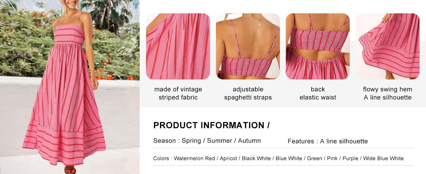 Loveimgs Women's Backless Maxi Dress — Striped & Pleated Design, Sexy Spaghetti Straps, Flowing Full Skirt Loveimgs Women's Backless Maxi Dress — Striped & Pleated Design, Sexy Spaghetti Straps, Flowing Full Skirt