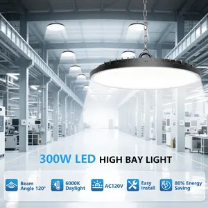 300W UFO LED High Bay Light Commercial Industrial Lighting for Warehouses and Retail Spaces 45,000 Lumens, Includes US Standard Plug and Suspension Chain, 6000K Daylight Color Temperature, Safe and Efficient