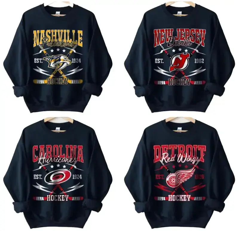[FREE SHIP] Gildan USA Vintage All Hockey Teams Crewneck Sweatshirt - Unisex Ash Grey Crewneck Sweatshirt for Sport Fans, Classic Fit, Rib Collar, Taped Neck & Shoulders, OEKO-TEX Certified, 90s Style