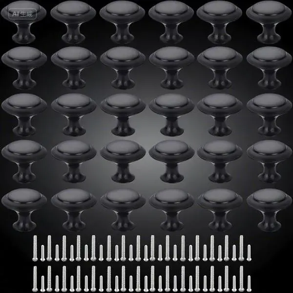 30pcs/Pack 30mm Diameter Round Black Zinc Drawer Pulls - Premium Lightweight Metal Handles, Anti-Rust 1-1/6in Hardware, Comfortable Grip, Adjustable Screws for Dresser, Home Improvement, Minimizes Maintenance & Replacement Costs