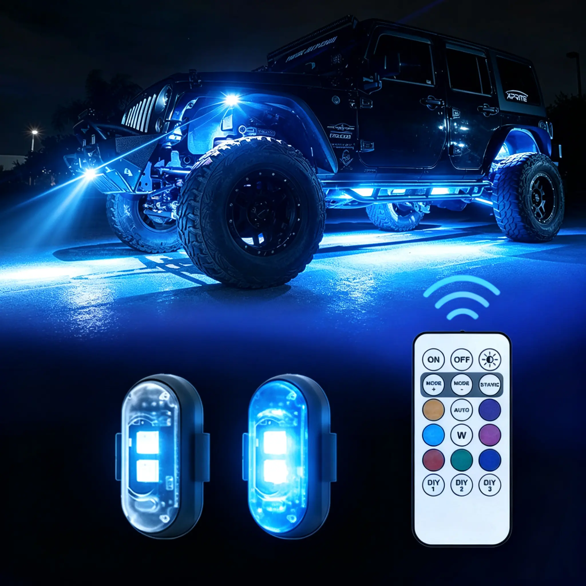 RGB Wireless LED Underglow Lights for Cars, 10 Dynamic Modes with Remote Control, USB Rechargeable Waterproof Rock Decorative Accent Lighting Kit for Truck-SUV Exterior-Interior Modification