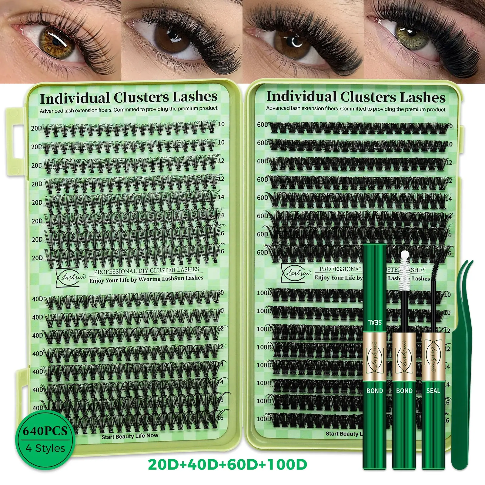 Lashsun 2522pcs Cluster Eyelash Set, False Lashes Clusters, Eyelashes Extensions, Makeup, D Curl 14 Styles Cat/Wispy/Manga Lashes, with Bond & Seal Eyelash Extension Glue, Lash Remover & Lash Applicator, for Beginners & Proficient, DIY at Home Easily