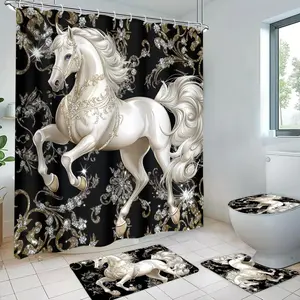 Horse Pattern Shower Curtains Set, 4 Counts/set Including Shower Curtain & Toilet Lid Cover & Bath Mat & U-shaped Mat, Bathroom Accessories, Shower Curtain Sets