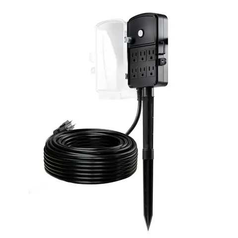 【ChristmasGift】VEVOR Outdoor Weatherproof Power Stake Splitter, 100 Ft 14AWG Grounded Cable Extension Cord, 6-Outlet Strip with Waterproof Cover, 13A Overload Protection, Mount-Compatible Plug for Holiday Devices,toolupgrade