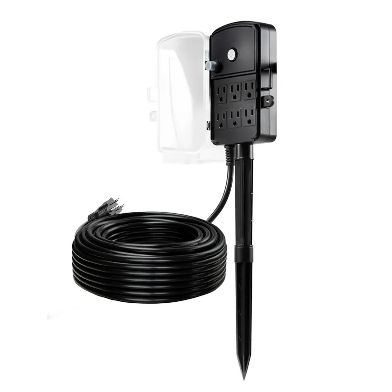 【ChristmasGift】VEVOR Outdoor Weatherproof Power Stake Splitter, 100 Ft 14AWG Grounded Cable Extension Cord, 6-Outlet Strip with Waterproof Cover, 13A Overload Protection, Mount-Compatible Plug for Holiday Devices,toolupgrade