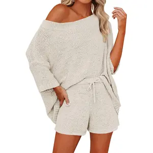 Imily Bela Women's 2 Piece Outfits Sweater Sets Off Shoulder Knit Top Shorts Matching Suits Cute Pajama Lounge Set Long Sleeve Loungewear