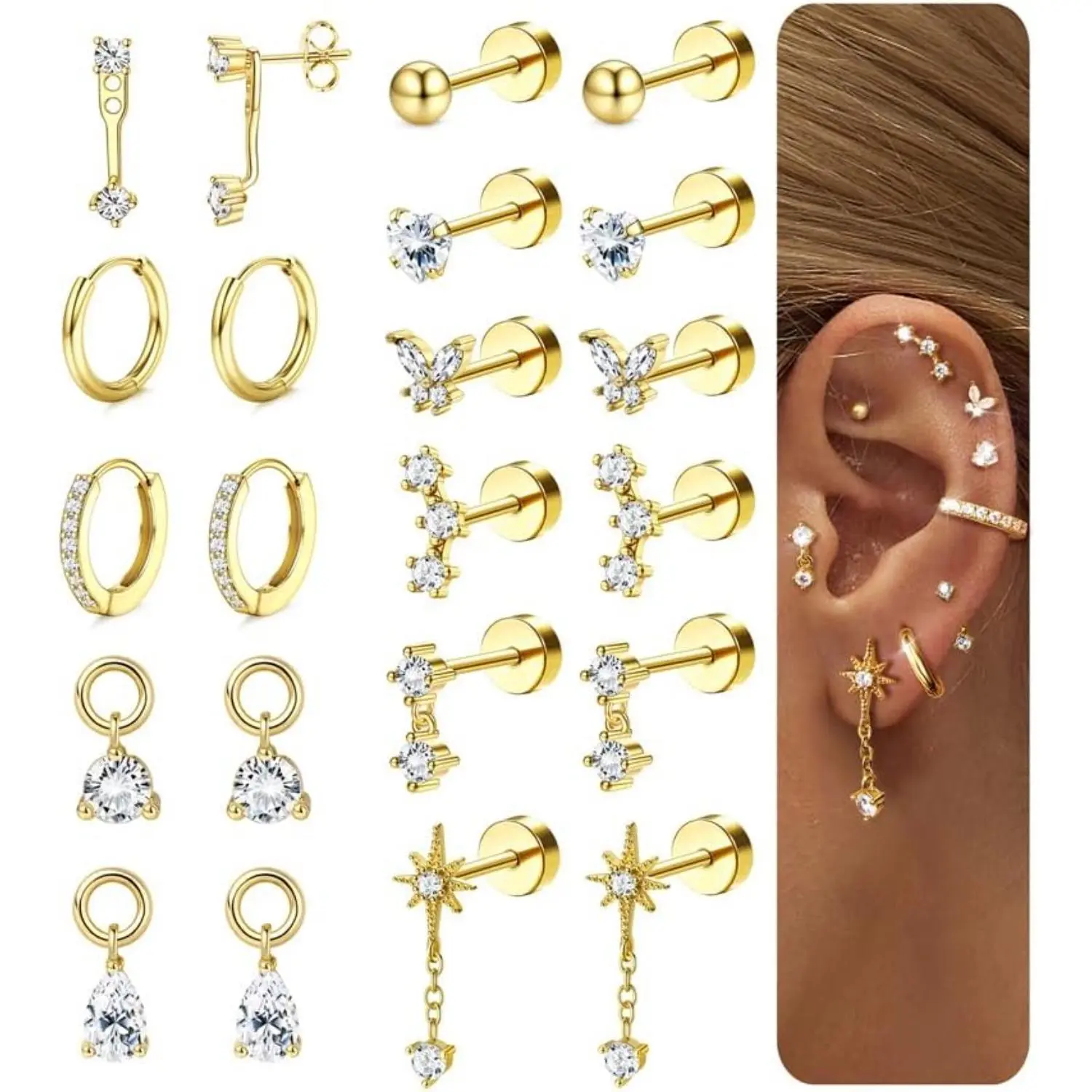CASSIECA Women's Hypoallergenic 14 Karat Gold-Plated Surgical Steel Flat Back Earrings Set, Dainty Stacking Studs & Hoops for Piercings, Helix Piercing Earrings, Cartilage, Tragus, Daily Wear,summerwins