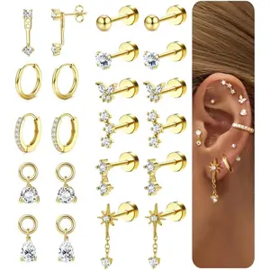 CASSIECA Women's Hypoallergenic 14 Karat Gold-Plated Surgical Steel Flat Back Earring Stacks Set, Small Studs & Hoops for Cartilage, Helix, Tragus, Earring for Women for Multiple Piercing Daily Wear Stacked Look Summervibes