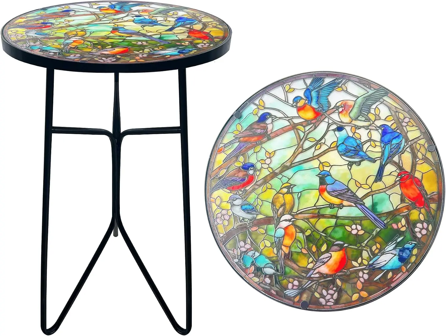 Mosaic Birds Outdoor Side Tea Table, Glass Plant Tables Indoor Decorative Metal Patio Table, Outdoor Tables Unique Furniture - Weather-Resistant Patio Valentine's Day Decor
