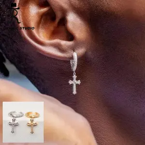 Punk Cross Stud Earrings with 5A+ Zircon, Orphic Fashion Hip Hop Jewelry for Women and Men, Artificial Gemstone Ear Accessories
