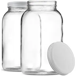 1 Gallon Glass Jar with Lid - 2 Large Personal Glass Jars with Sealed Metal Lids - USA Certified BPA Free and Dishwasher Safe, Wide Mouth Sun Tea Jar, Used for Storage, Fermentation, and Brewing Gallon Mason Jar
