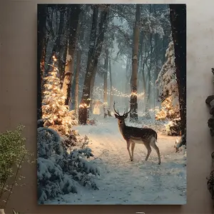 2D canvas, 1 piece, framed, [2D canvas] Majestic Christmas Deer Canvas Art - Festive woodland scene, featuring garland and snowy forest, suitable for holiday decoration, 2D canvas