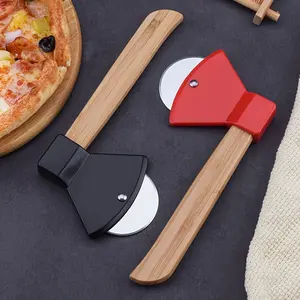 1pc,4pcs, Sleek Design, Stainless Steel Axe-Shaped Pizza Cutter, Wheel Slicer with Wooden Handle, Multifunctional Kitchen & Restaurant Baking Tool, Red/Black, Perfect for Cutting Pizzas, Olives, and More, Pizza Accessories