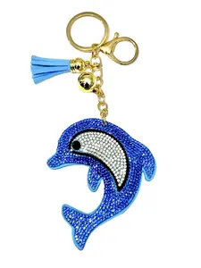 Dolphin Blue Bling Keychain, Rhinestone design, Tassel Decor Sport Keychain for Men, Women, Kids Bling Backpack Keyrings, Purse Charms