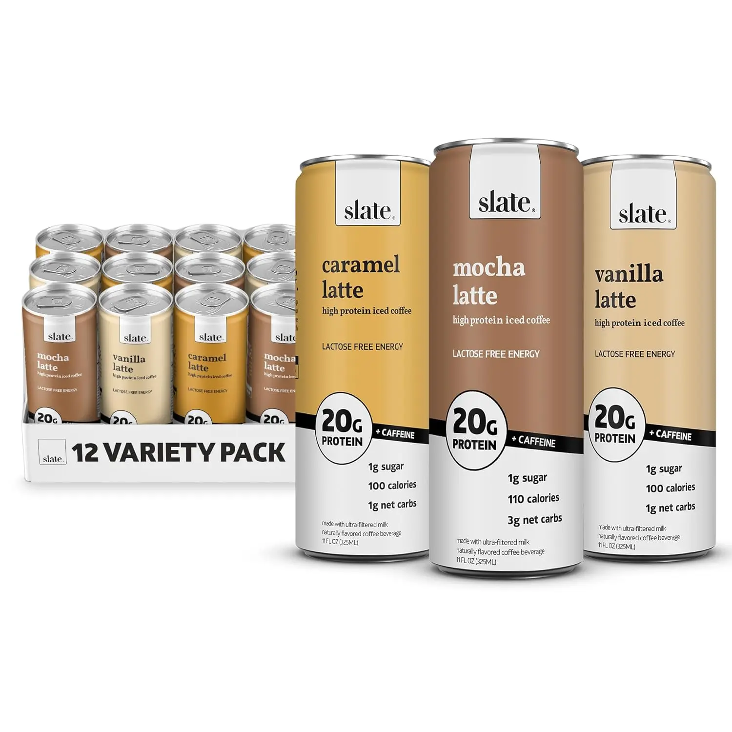 Slate Milk - High Protein Iced Coffee - Energy Variety Pack - Caramel Latte, Mocha Latte, Vanilla Latte - 11 fl oz, 12 Cans