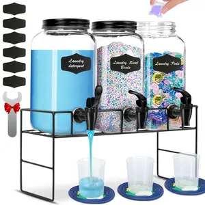 3-Pack 2.2L Glass Laundry Detergent Dispenser Set with Stand - Premium Liquid Soap Dispenser with PP Spigots, Measuring Cups, and Chalkboard Labels for Laundry Room Organization and Storage
