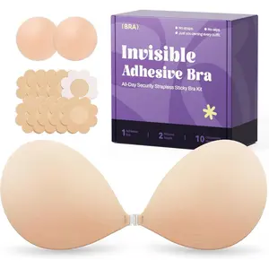 Invisible Strapless Sticky Bra Push up for Women, Ultra Adhesive Bra for Backless Dress, Cleavage Bra Lift with Pasties Kit (D Cup, Beige)