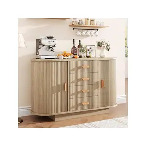 47inch Sideboard Buffet Cabinet With Storage  Fluted Coffee Bar Cabinet With 4 Drawers And 2 Arched Sliding Doors  Modern Wood Storage Buffet Table For Kitchen  Living Room