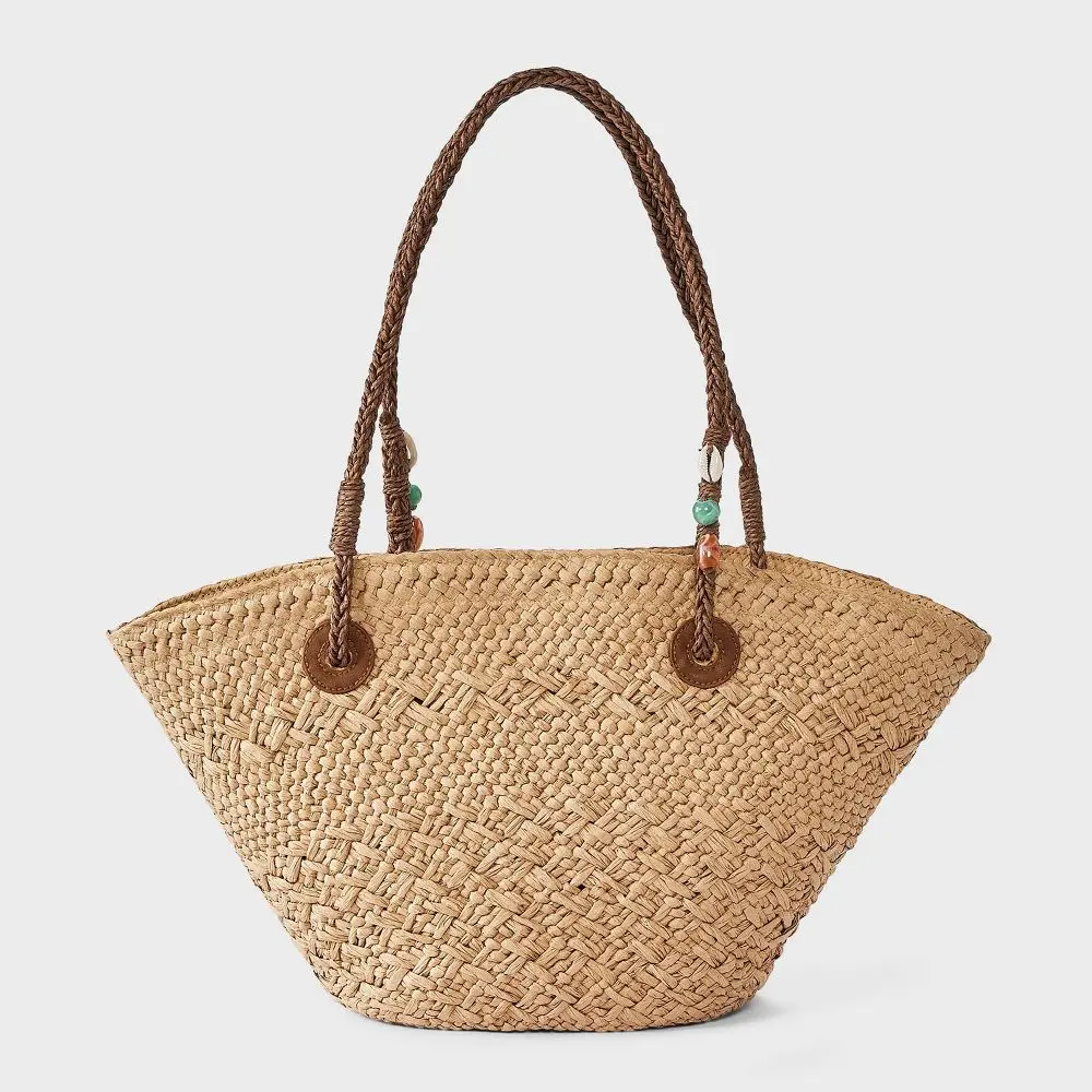 Women's Hand Woven Straw Bead Strap Fan Tote Bag - A New Day Natural, Straw Tote Handbag, Bohemian Casual Purse, Everyday Purse, Bags for Everyday